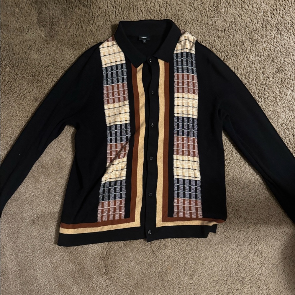 Express Black and Cream Cardigan with Brown Accents